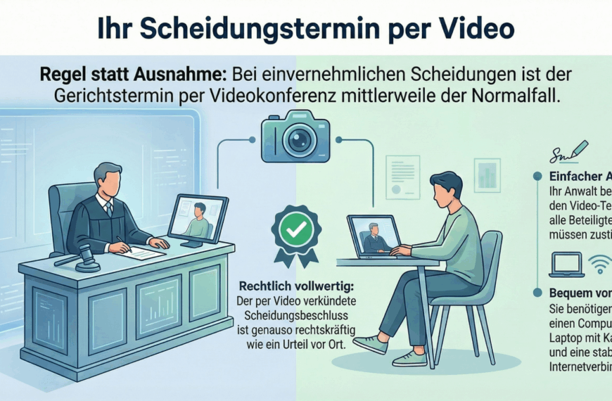Illustration, in der erklärt wird, dass Scheidungsanhörungen in Deutschland jetzt in der Regel per Videokonferenz abgehalten werden können, wobei ein Richter und ein Teilnehmer Computer für das Verfahren verwenden.
