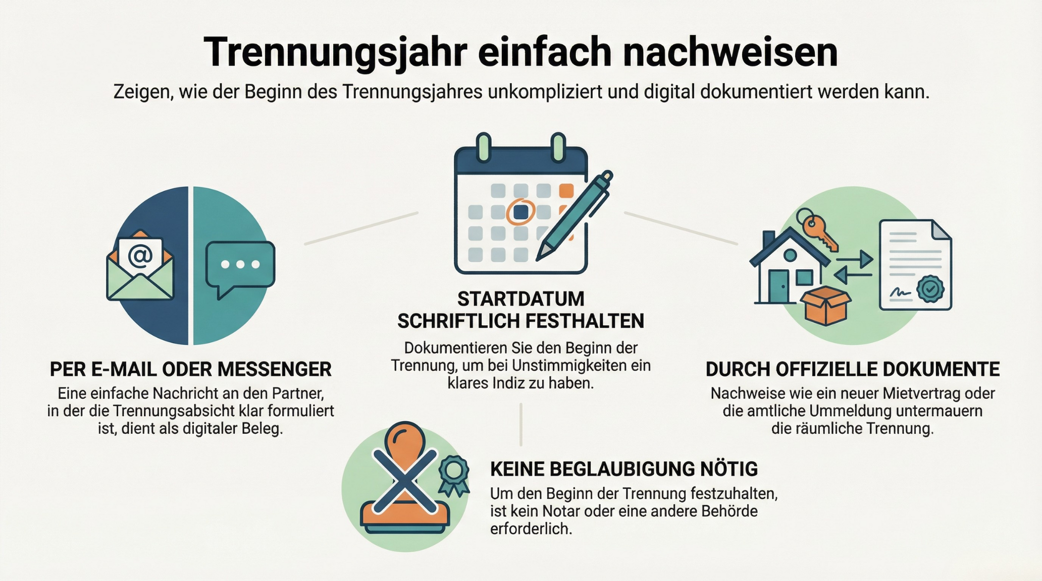Trennungsjahr online nachweisen - Infografik zeigt digitale Möglichkeiten, ein Trennungsjahr einfach nachzuweisen: per E-Mail/Messenger, Startdatum dokumentieren, keine Beglaubigung nötig, offizielle Dokumente nutzen.