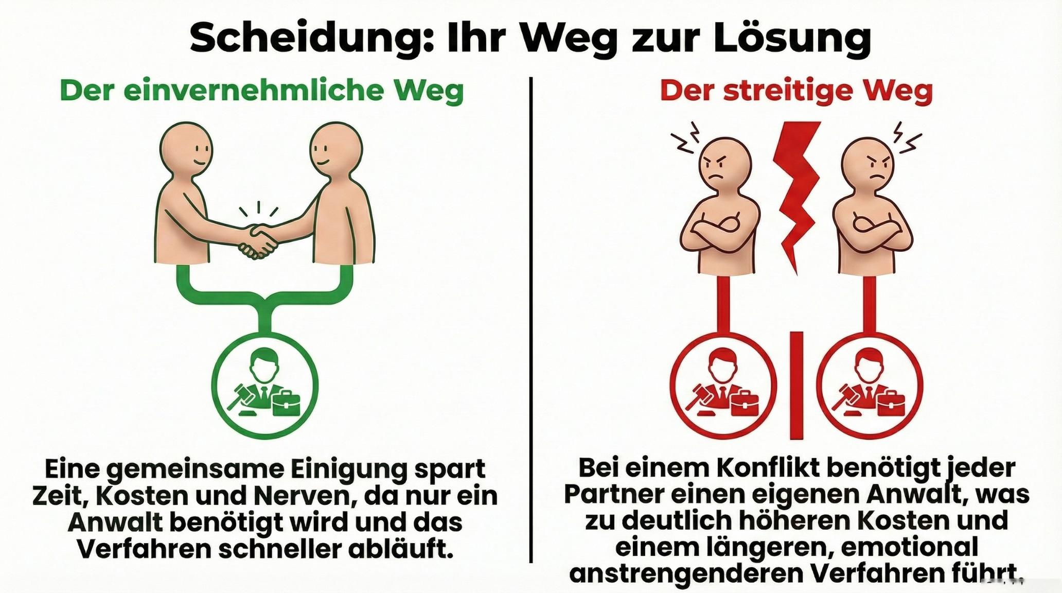 Vergleichsgrafik mit zwei Scheidungsansätzen: einvernehmlich (links, Handschlag) und streitig (rechts, Streit), mit Text, der die Unterschiede in Bezug auf Zeit, Kosten und Stress für jede Methode erläutert.
