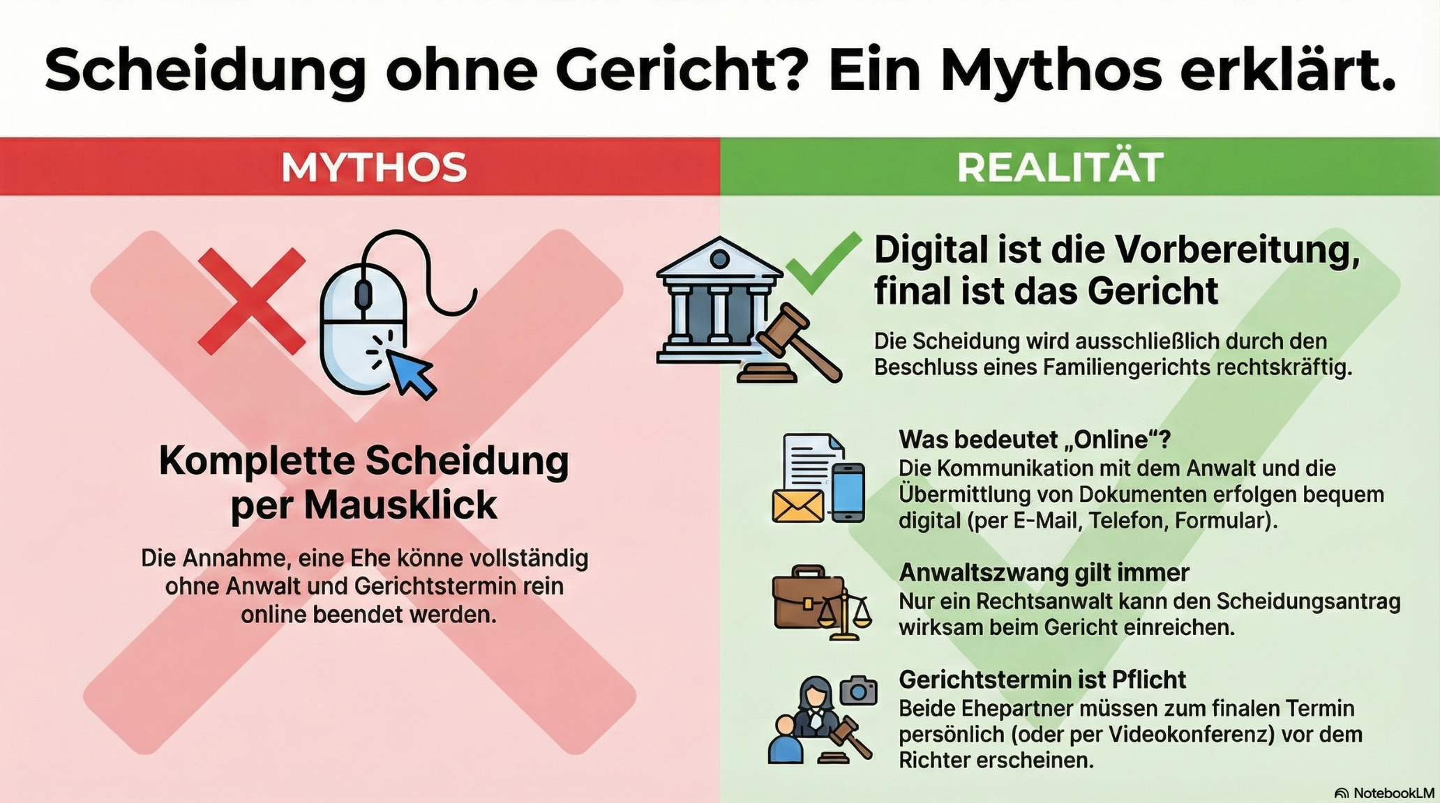 Anwaltszwang bei der Scheidung - Infografik, die den Mythos der Online-Scheidung der Realität gegenüberstellt, dass für eine rechtsgültige Scheidung eine gerichtliche Genehmigung erforderlich ist, mit Symbolen und kurzen Erläuterungen in deutscher Sprache.