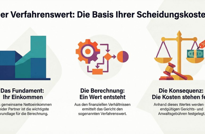 Infografik zu Scheidungskosten: Einkommen als Basis, Berechnung des Verfahrenswerts aus finanziellen Verhältnissen, und die daraus folgenden Gerichtskosten.