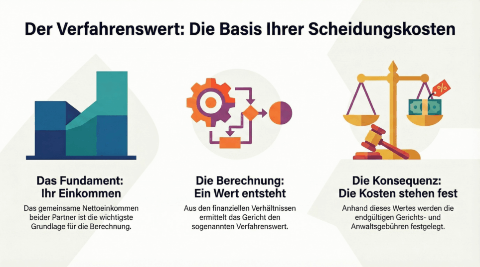 Infografik zu Scheidungskosten: Einkommen als Basis, Berechnung des Verfahrenswerts aus finanziellen Verhältnissen, und die daraus folgenden Gerichtskosten.