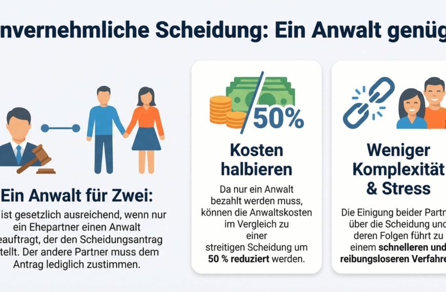 Infografik, in der erklärt wird, dass für eine unstrittige Scheidung in Deutschland nur ein Anwalt erforderlich ist, was die Prozesskosten um 50 % senkt und das Verfahren für beide Parteien vereinfacht.