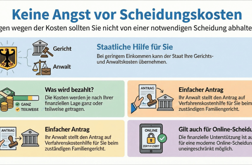 Härtefallscheidung Voraussetzungen - Infografik zu Scheidungskosten: Erklärungen zur staatlichen Hilfe, was bezahlt wird, einfacher Antrag durch Anwalt, und Möglichkeiten der Online-Scheidung.