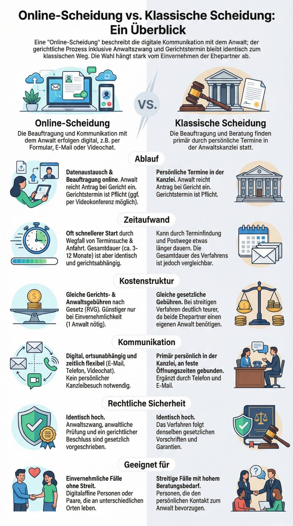 Infografik vergleicht Online-Scheidung und klassische Scheidung in Bezug auf Ablauf Kommunikation Zeitaufwand Flexibilitt Erreichbarkeit Kosten und Eignung