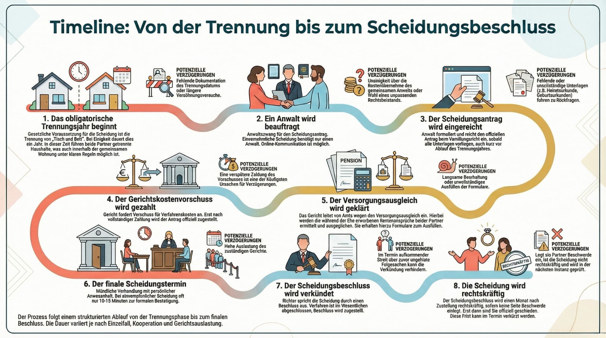 Infografik in deutscher Sprache die den schrittweisen Ablauf von der Trennung bis zum Scheidungsurteil zeigt einschlielich der rechtlichen Schritte Gerichtsverfahren und finanziellen Abfindungen